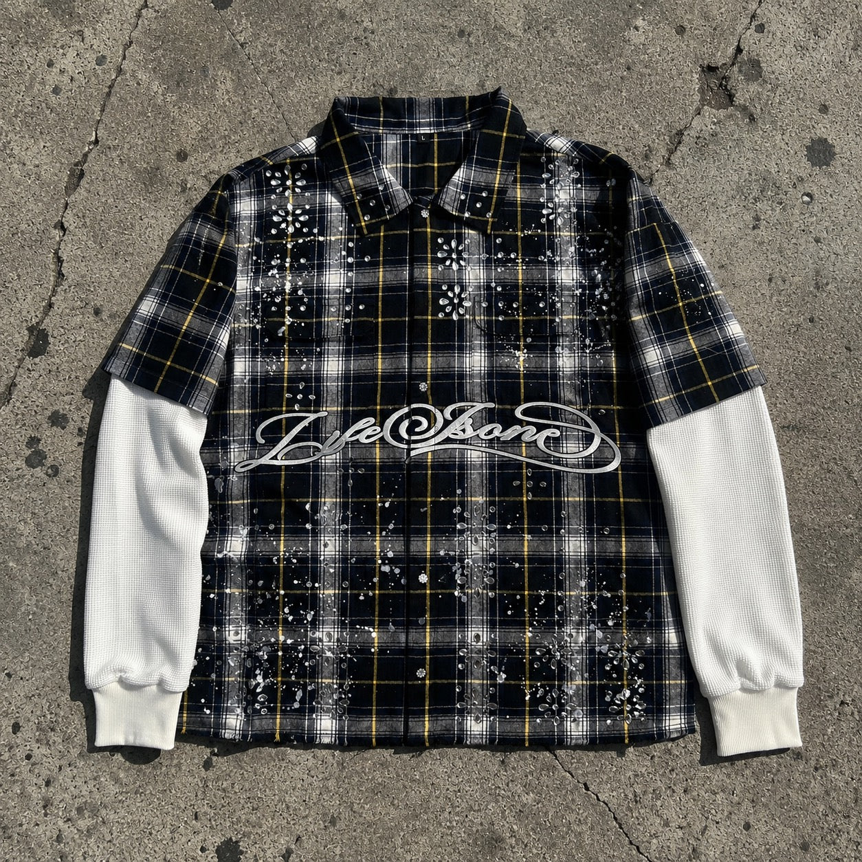 Life Is One Black Rhinestone Thermal Flannel