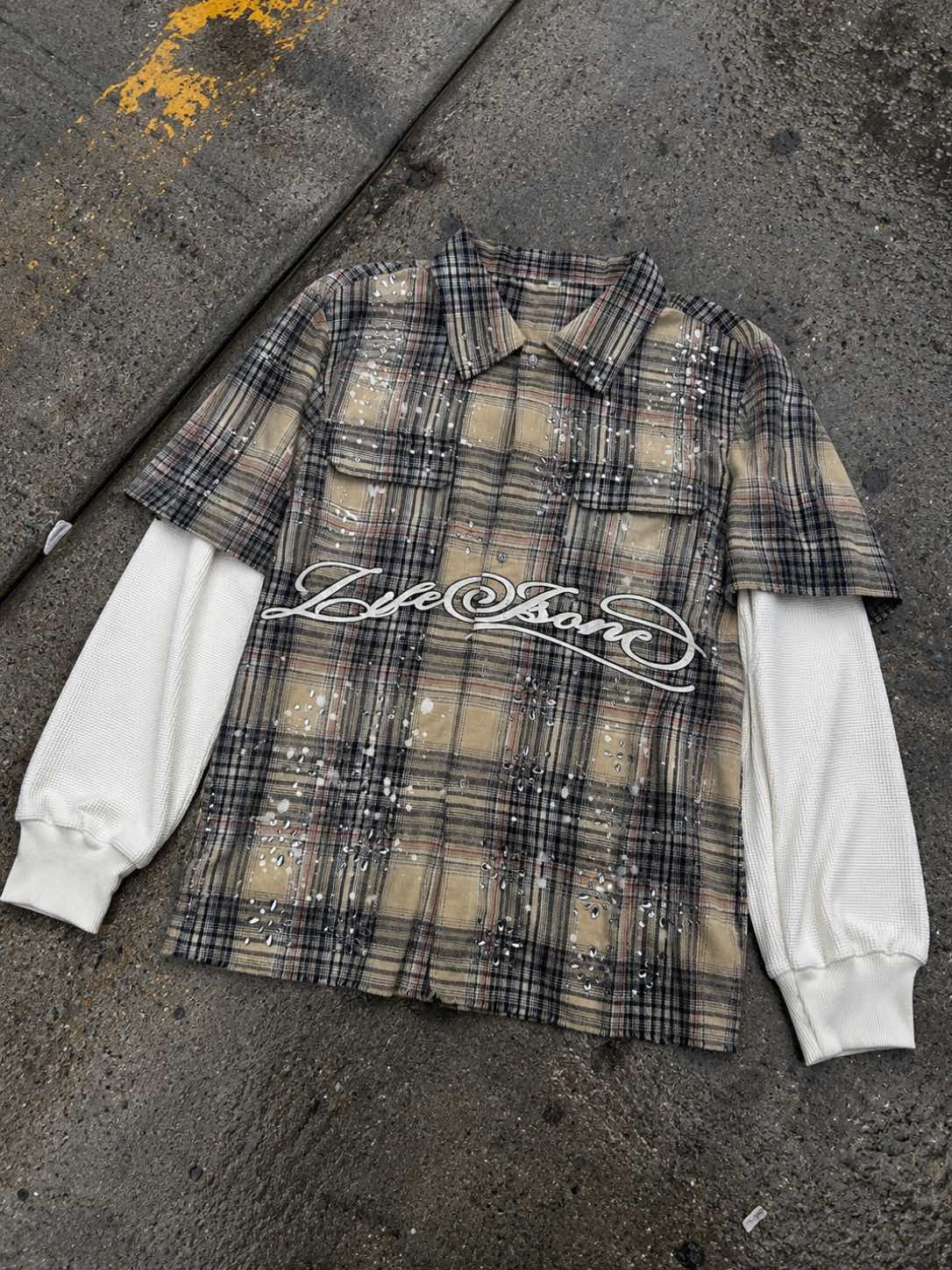 Life Is One Light Brown Rhinestone Thermal Flannel