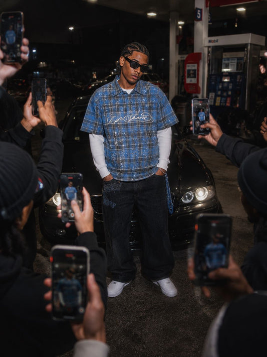 Life Is One Blue Rhinestone Thermal Flannel